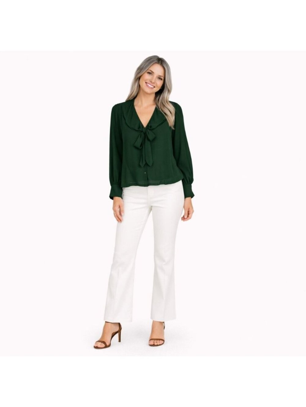 ZARA Forest Green Sheer Medium Blouse With Tie Neck & Long Sleeves